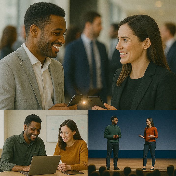 Four-panel story showing two professionals connecting at a networking event, collaborating on projects, and presenting together - demonstrating how Clikk transforms instant connections into lasting professional partnerships